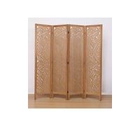 Paravent ajouré, séparateur de pièce en bois avec motifs feuille, 4 pans coloris brun clair - Hauteur 170 x longueur 160 cm - -