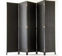 Paravent de 5 pans tressé en fibres synthétiques - Noir - H170 x 200 cm