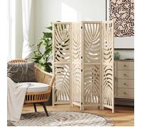 Paravent interieur en bois 4 panneaux 160 x 170 cm, pliable et portable, motif de feuille, design amovible, bois naturel