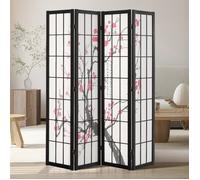 Paravent japonais 4 panneaux bois avec fleurs de cerisier - séparateur de pièce pliable, classique, pour intimité maison/bureau,noir
