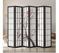 Paravent japonais 6 panneaux fleur de cerisier 242x170cm - séparateur de pièce pliable en bois, design traditionnel, cadre noir