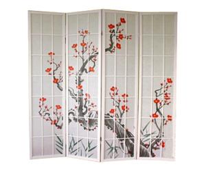 Paravent Japonais Fleur de Cerisier en Bois Blanc de 4 pans, L176 x H175 x P2 cm -PEGANE-