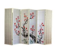 Paravent japonais fleur de cerisier en bois blanc de 6 pans, Longueur 264 x Hauteur 175 x Profondeur 2 cm