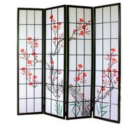 Paravent Japonais Fleur de Cerisier en Bois Noir de 4 pans, L176 x H175 x P2 cm -PEGANE-