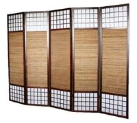 Paravent japonais séparateur de pièce en bois avec bambou de 5 pans coloris marron