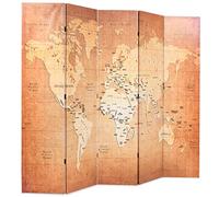Paravent pliable 200 x 170 cm avec cadre en bois et housse en toile, carte du monde imprimée des deux côtés jaune, paravent autoportant comme brise-vue et séparateur de pièce pour salon, chambre à