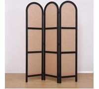 Paravent, séparateur de pièce en cannage et bois avec 3 pans coloris noir et beige - Hauteur 170 x longueur 120 cm