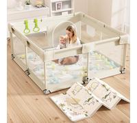Parc avec tapis, 120 x 120 cm, parc à ventouses pour bébé, centre de jeux pour enfants, barrière pour bébé, parc pour enfants, beige, oxford, acier, 120 cm, 120 cm