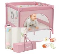 Parc bébé 100x100cm LIONELO Mille Plus - Matelas haute densité - Roulettes - Jouets à scratch - 0-36 mois - Sac inclus - Rose