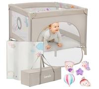 Parc bébé 100x100cm LIONELO Mille Plus - Matelas haute densité - Roulettes - Jouets à scratch - 0-36 mois - Sac inclus - Beige