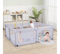 Parc bébé avec matelas, 50 balles de jeu, 4 anneaux de traction et 4 portes zippées gris clair