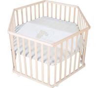 Parc Bébé Hexagonal ROBA LIEBHABEAR, Réglable en Hauteur, Fond Déhoussable, 6 Roues Freinées, Bois Naturel, Motif Ourson, 119x103.5x72.5 cm