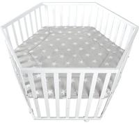 Parc Bébé Hexagonal Roba Little Stars, Hauteur Réglable, Housse Rembourrée, Roues Freinées, Bois Laqué Blanc, Motif Étoile, 119x103.5x72.5 cm