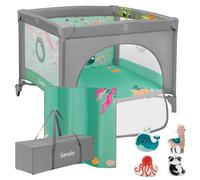 LIONELO Parc Mille Plus jusqu'à 15 kg, 6-36 mois, avec matelas mousse, set de jouets colorés et sac de transport pratique - Vert