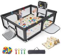 Parc d'éveil pliable pour enfants, 50 balles, matelas, fenêtre pour ramper, sac de transport (gris foncé), 205 x 145 x 69 cm, gris foncé