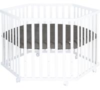 roba Parc hexagonal en bois blanc - parc pour bébé mobile avec roulettes et tour de protection matelassée “Graphite” en cuir végan - barrière de sécurité réglable en hauteur