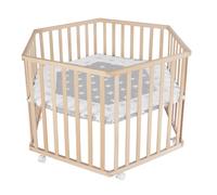 Parc hexagonal roba avec insert au motif « Little Stars » - Bois de hêtre véritable - Parc réglable en hauteur sur 3 niveaux - Roulettes avec freins - Bois naturel