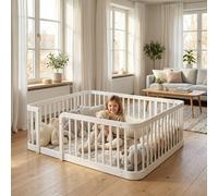 Parc modulaire blanc de 140 x 200 cm pour bébés et animaux de compagnie, avec un espace de sécurité de 7 cm, des bords arrondis, une protection anti-pincement et un design ras du sol