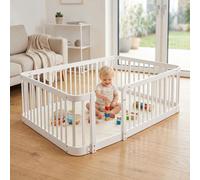 Parc modulaire pour bébés - Barrière de sécurité pour enfants - Blanc avec détails en bois - Idéal pour la chambre - Espacement des barreaux de 7 cm - Coins arrondis et antidérapants - Stable pour une