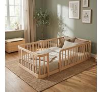 Parc pour bébé 90 x 200 cm en bois naturel, barrière de sécurité modulaire, espacement des barreaux de 7 cm, bords arrondis pour les bébés et les animaux domestiques