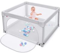 Parc pour bébé COSTWAY 120 x 120cm avec 50 balles de jeu, parc avec filet respirant et fermeture éclair, parc d'éveil avec porte, tente de parc pour nourrissons et jeunes enfants (Gris)