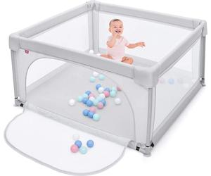 Parc pour bébé COSTWAY 120 x 120cm avec 50 balles de jeu, parc avec filet respirant et fermeture éclair, parc d'éveil avec porte, tente de parc pour nourrissons et jeunes enfants (Gris)