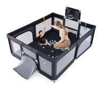 Parc pour bébé COSTWAY, parc avec panier de basket, filets de foot, 50 balles océan & poignées, parc d'éveil avec filet, sac de transport, gris foncé