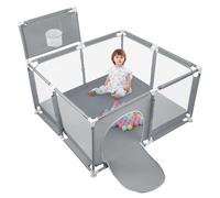 Parc pour bébé - Grand parc pour enfants 180 x 120 cm - Avec barrières de sécurité - Pliable avec porte à fermeture éclair - 50 balles, panier de basket et 8 ventouses - Gris foncé