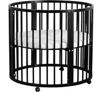 Parc pour bébé – Modèle rond – Boîte en bois – Jouet en bois inclus – Avec matelas – Monté sur roulettes – 92 x 92 cm – Noir