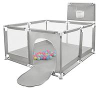 Parc pour bébé - Parc XXL 180 x 120 cm - Pliable - Avec porte à fermeture éclair - 50 balles et panier de basket - 8 ventouses - Gris clair