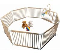 Parc pour bébé Relaxdays, parc flexible avec porte, 8 panneaux, H x L : 61 x 84,5 cm, coin de jeu sécurisé, bois de pin, naturel