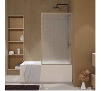 Pare baignoire pivotant 140x80 cm HINATA - style Japandi courbes douces Cadre effet bois - Verre 5mm