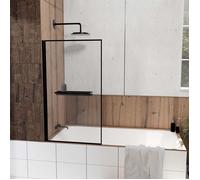 Pare baignoire Rabattable 80x140 cm en Verre Trempé - Porte-Serviette et Etagère Noir Mat