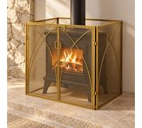 Pare-feu de cheminée en acier, double porte et côtés pliables | Grille de protection et pare-étincelles à trois côtés pour poêle à bois et espace cheminée intérieur