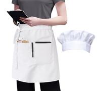 PARFCO tablier de Cuisine en Polyester, Toque de Chef et Tablier avec Bretelles, 3 Poches, Élastique, Blanc, pour Cuisines, Restaurants, Hôtels