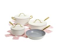 Paris Hilton Iconic Lot de 10 casseroles et poêles antiadhésives, revêtement anti-adhésif multicouche, couvercles assortis avec poignées dorées, sans PFOA, passe au lave-vaisselle, crème