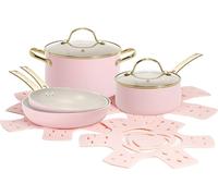 Paris Hilton Set de 10 ustensiles de cuisine Aluminium & Céramique Revêtement anti-adhésif, Adapté à l'induction, Lavable au lave-vaisselle, en rose/crème/or