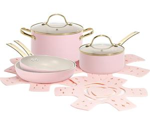 Paris Hilton Set de 10 ustensiles de cuisine Aluminium & Céramique Revêtement anti-adhésif, Adapté à l'induction, Lavable au lave-vaisselle, en rose/crème/or