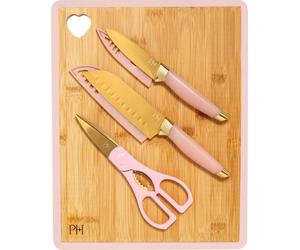 Paris Hilton Set de 6 couteaux en acier inoxydable avec planche à découper en bambou In outeau Santoku, couteau à éplucher, ciseaux de cuisine et planche à découper