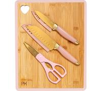 Paris Hilton Set de 6 couteaux en acier inoxydable avec planche à découper en bambou In outeau Santoku, couteau à éplucher, ciseaux de cuisine et planche à découper