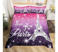 Paris Housse de Couette 220x240 Ensemble de Literie Tour Eiffel Pour Enfants,Parure de Lit Ciel Étoilé Pour Garçons Filles Adolescents,Housse Couette Thème Romantique Français Décoration Violette