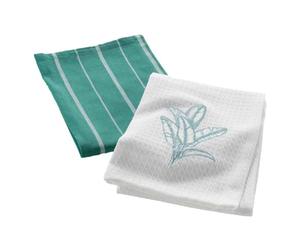 Paris Prix Lot de 2 Torchons Nid d'abeille Brodé Botanique 50x70cm Vert