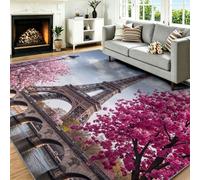 Paris Romantique Multicolore Tapis Entree 80x150cm Rug Lavable en Machine | Tour Eiffel Cerisier Antidérapant Chambre Enfant Carpets Descente de Lit Cuisine Interieur Doux Poil Ras Salle de Jeux Carpet