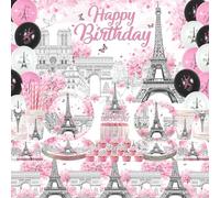 Paris Tour Eiffel Décorations de fête d'anniversaire, assiettes, tasses, serviettes, nappe, fond Happy Birthday, décorations de gâteau pour décorations de fête à thème de Paris, serves 20