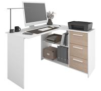 PARISOT Bureau d'angle 3 tiroirs - Décor Blanc / Chene - 121,2 x 74,5 x 111 cm - ESSENTIEL