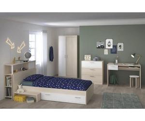 PARISOT Chambre enfant complète : Tête de lit, lit, commode, armoire, bureau -Reproduction acacia clair et blanc