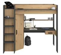 Lit surélevé avec bureau + armoire - 90 x 200 cm - Naturel & Anthracite - AUCKLAND