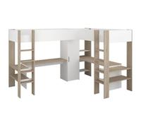 Lit d'angle double avec espace de rangement & bureau - 2 x 90 x 200 cm - Blanc & Couleurs Bois - LASCANO