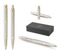 PARKER IM Professionals Kit d'écriture avec stylo bille monochrome et stylo roller avec gravure - Stylo de qualité supérieure - Coffret cadeau - Personnalisé - Gravure Champagne