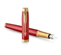 Parker IM stylo plume | Laqué rouge Premium avec attributs dorés | Pointe fine avec cartouche d’encre bleue | Coffret cadeau